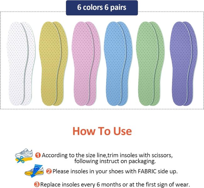 6 Pairs Shoe Insoles Women Thin Breathable Shoe Pads Inserts Ultra Soft Cushioning Walking Double Layer Latex Insoles with Holes Fit in Any Shoe Unisex, Men 7-11 Woman 2-8 (Classic Colors)